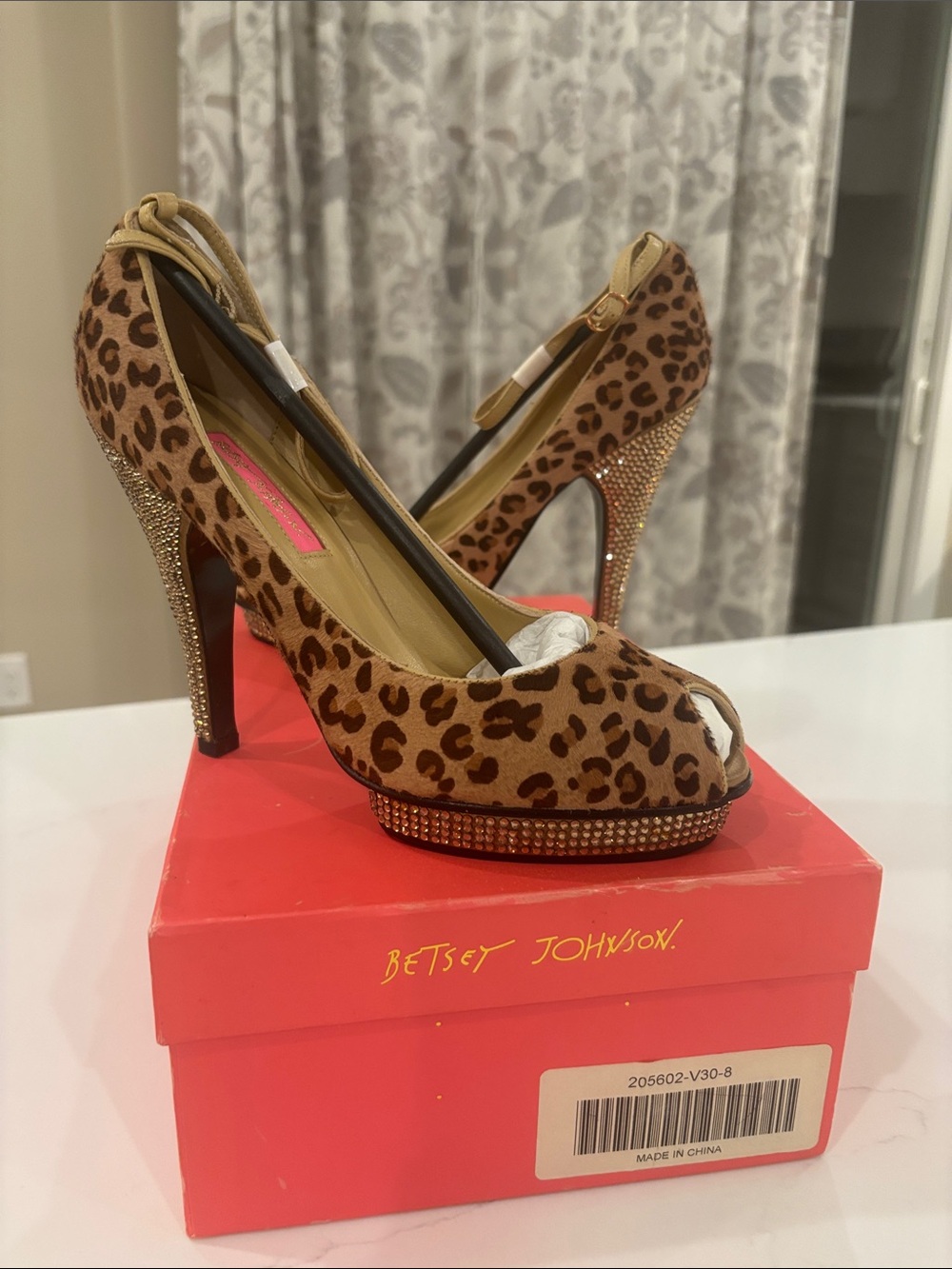 Betsey Johnson Leopard Print Rhinestone Peep-Toe Heels - Brown